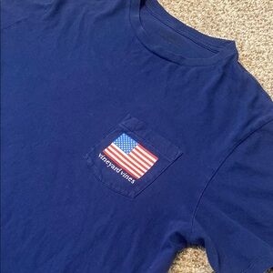 Vineyard Vines Blue Short Sleeve Tee w/ USA Flag on Chest Pocket & a Back Hit
